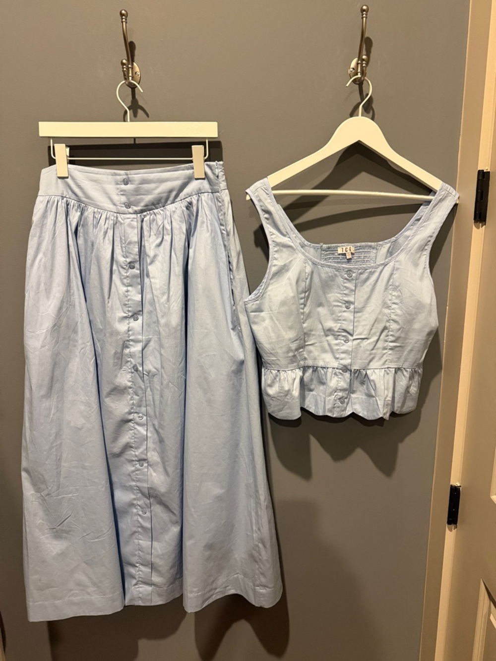 TCEC Light Blue Cotton Button-Front Maxi Skirt & Crop Top Set